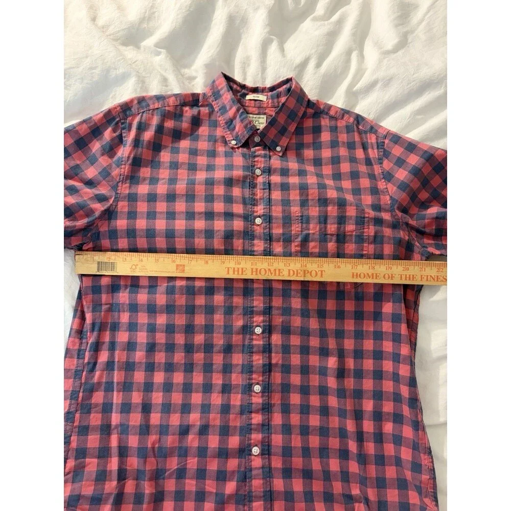 J.Crew Mens Cotton Short Sleeve Buffalo Check Shirt Red Blue Large Slim Stretch